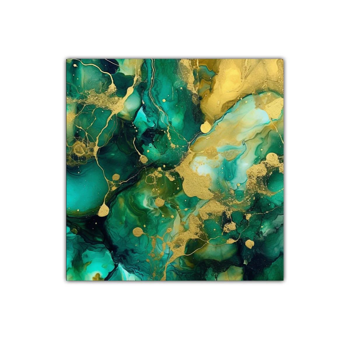 Cuadro abstracto en tonos verdes y dorados vibrantes