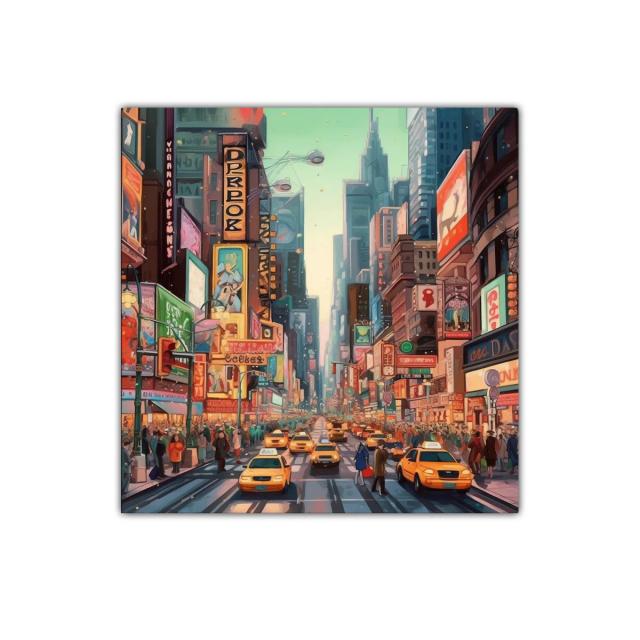 Vibrante escena urbana con taxis amarillos en ciudad animada