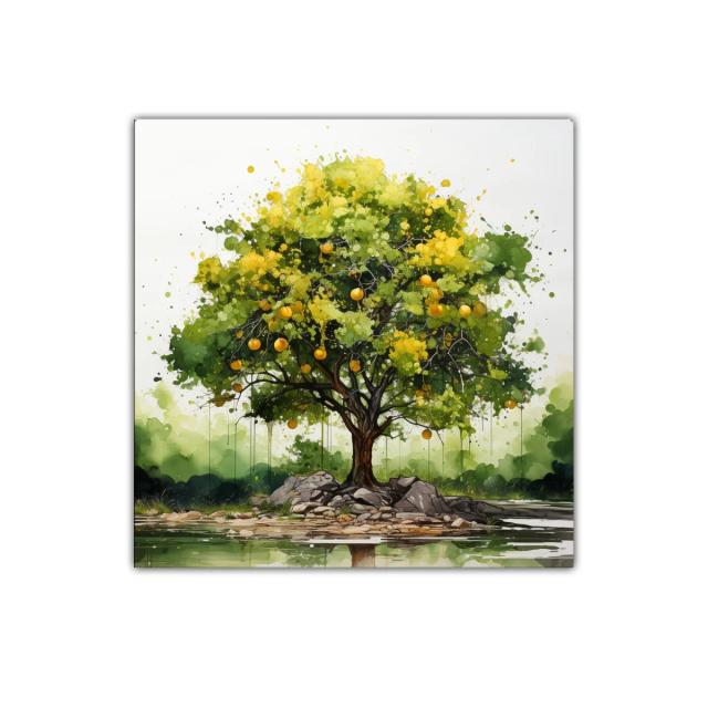 Árbol frutal vibrante sobre islote sereno