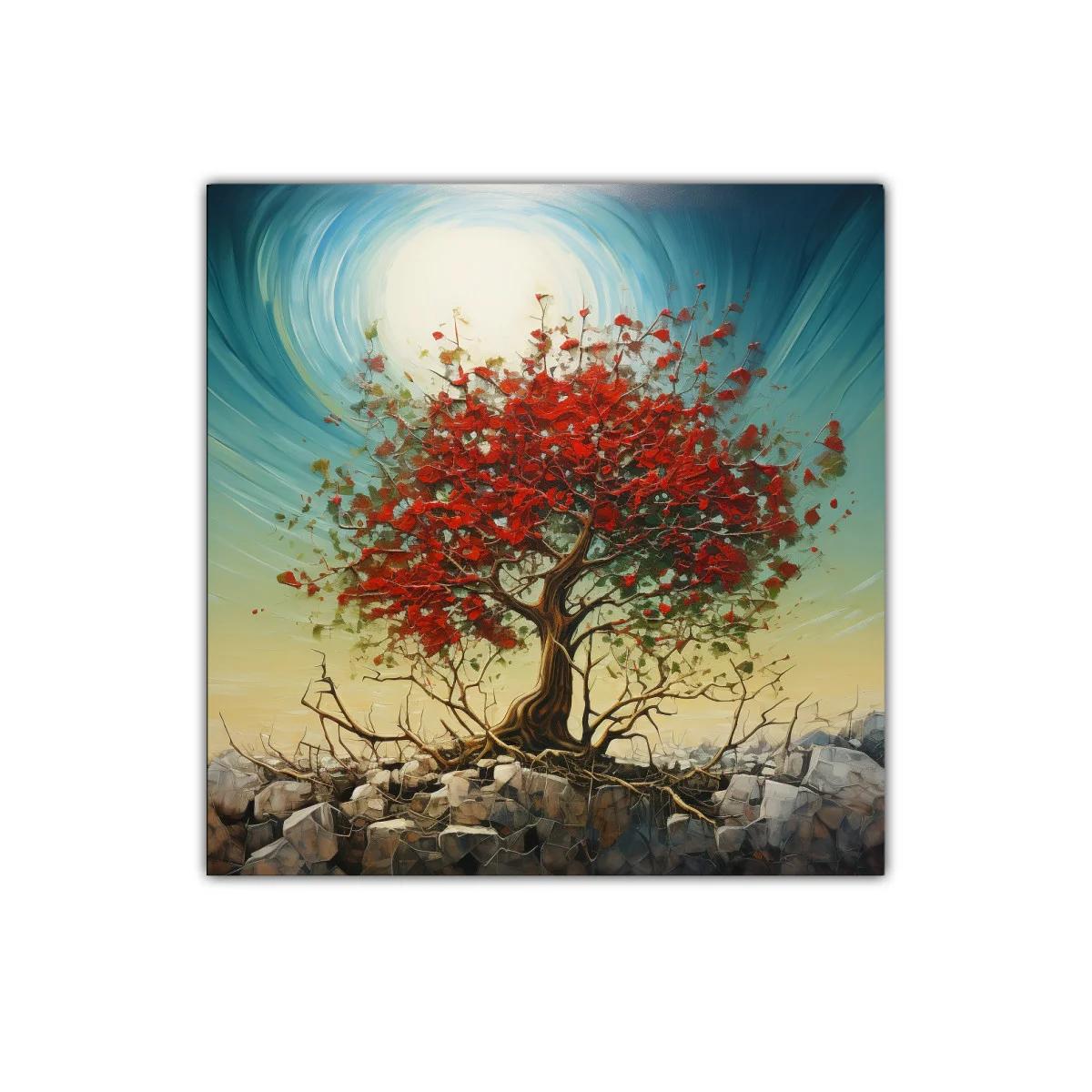Árbol rojo vibrante sobre rocas con cielo luminoso