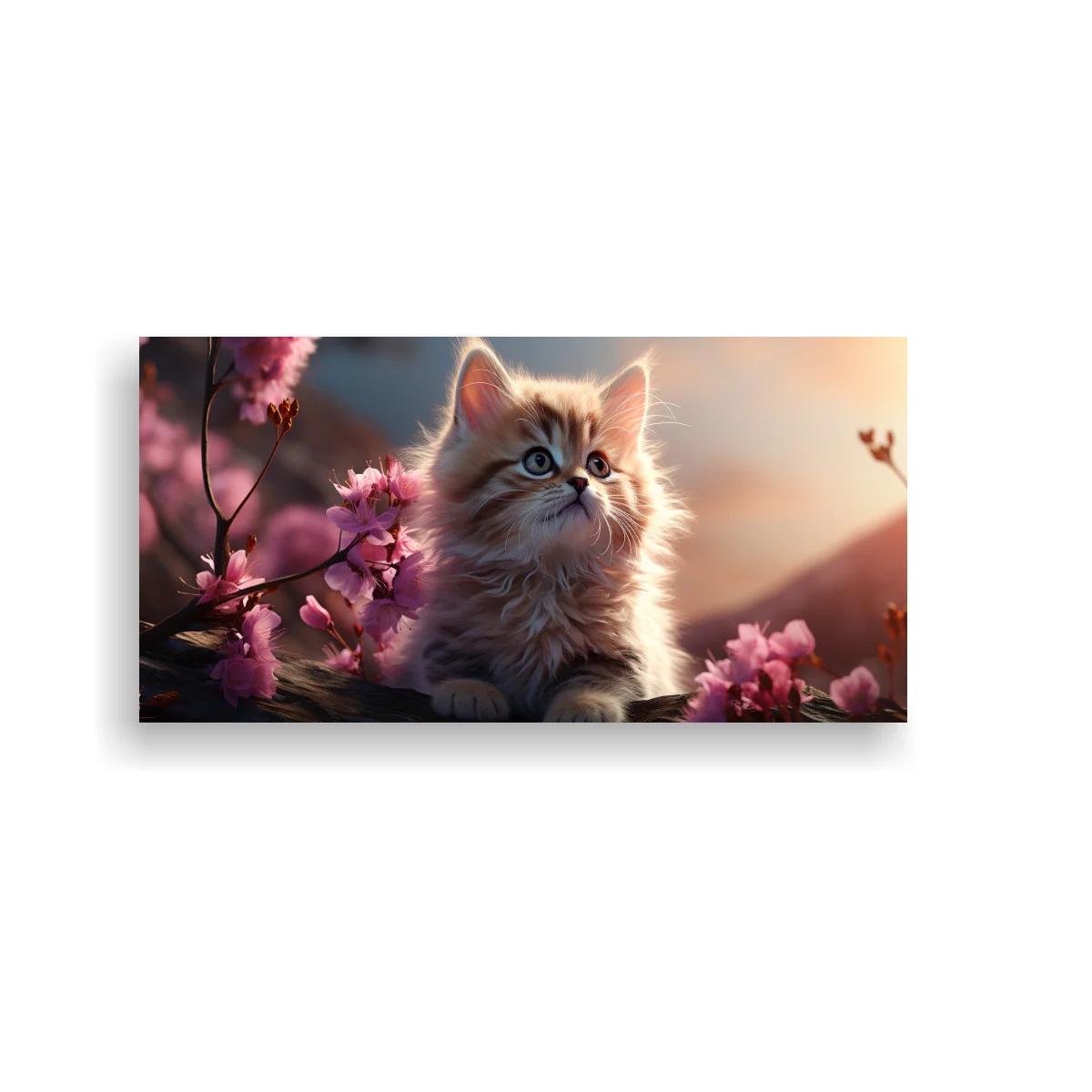 Cuadro gatito atigrado con flores rosadas y montañas suaves