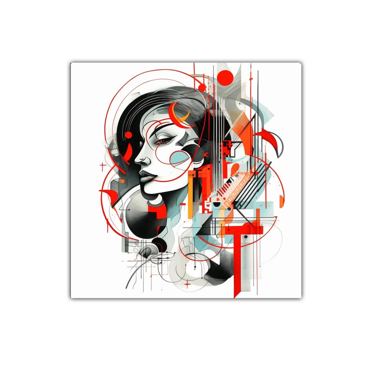 Retrato abstracto con trazos geométricos en tonos rojos y grises