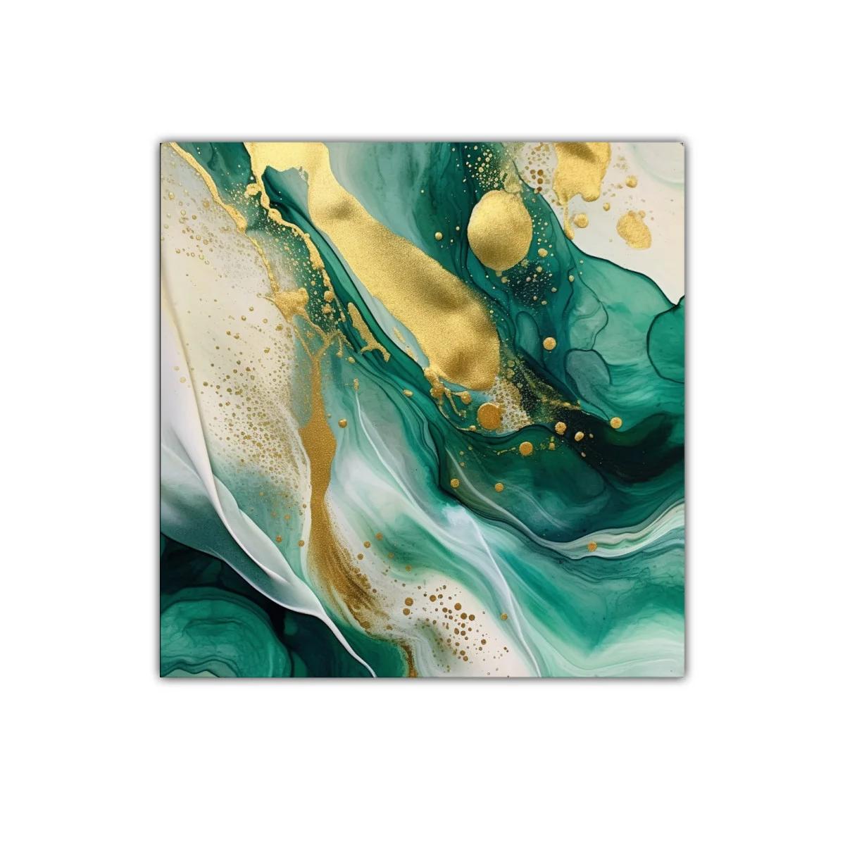 Cuadro Abstracto con Tonos Verdes y Detalles Dorados — imagen principal