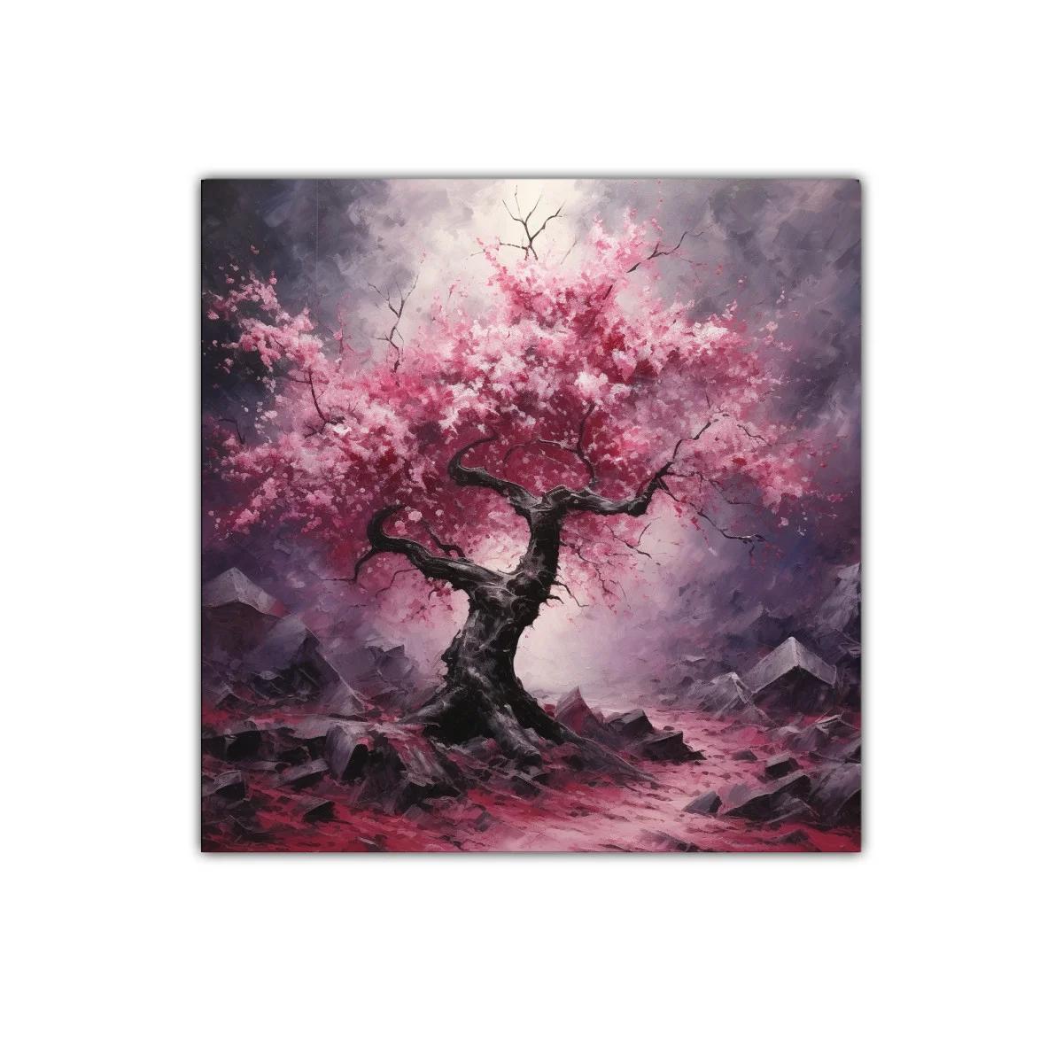 Árbol en flor entre rocas en paisaje místico
