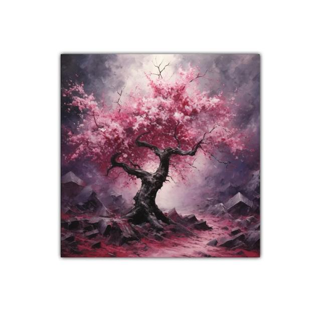 Árbol en flor entre rocas en paisaje místico