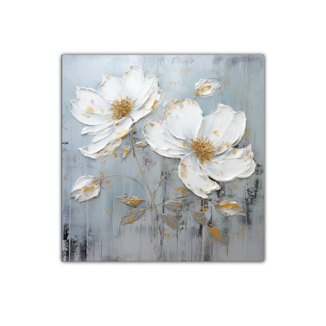 Flores blancas con detalles dorados sobre fondo gris