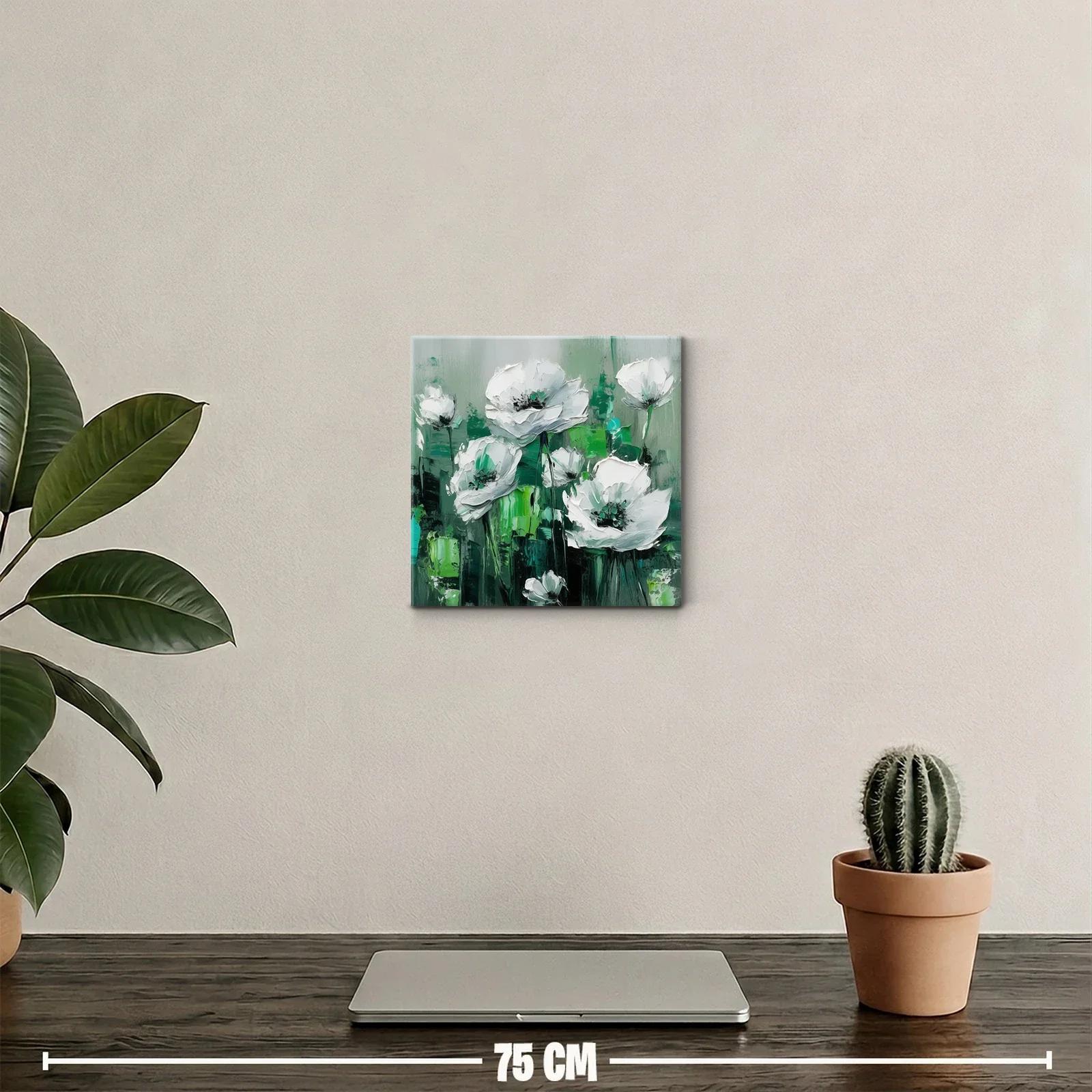 Cuadro decorativo con flores blancas sobre fondo verde intenso — miniatura 2