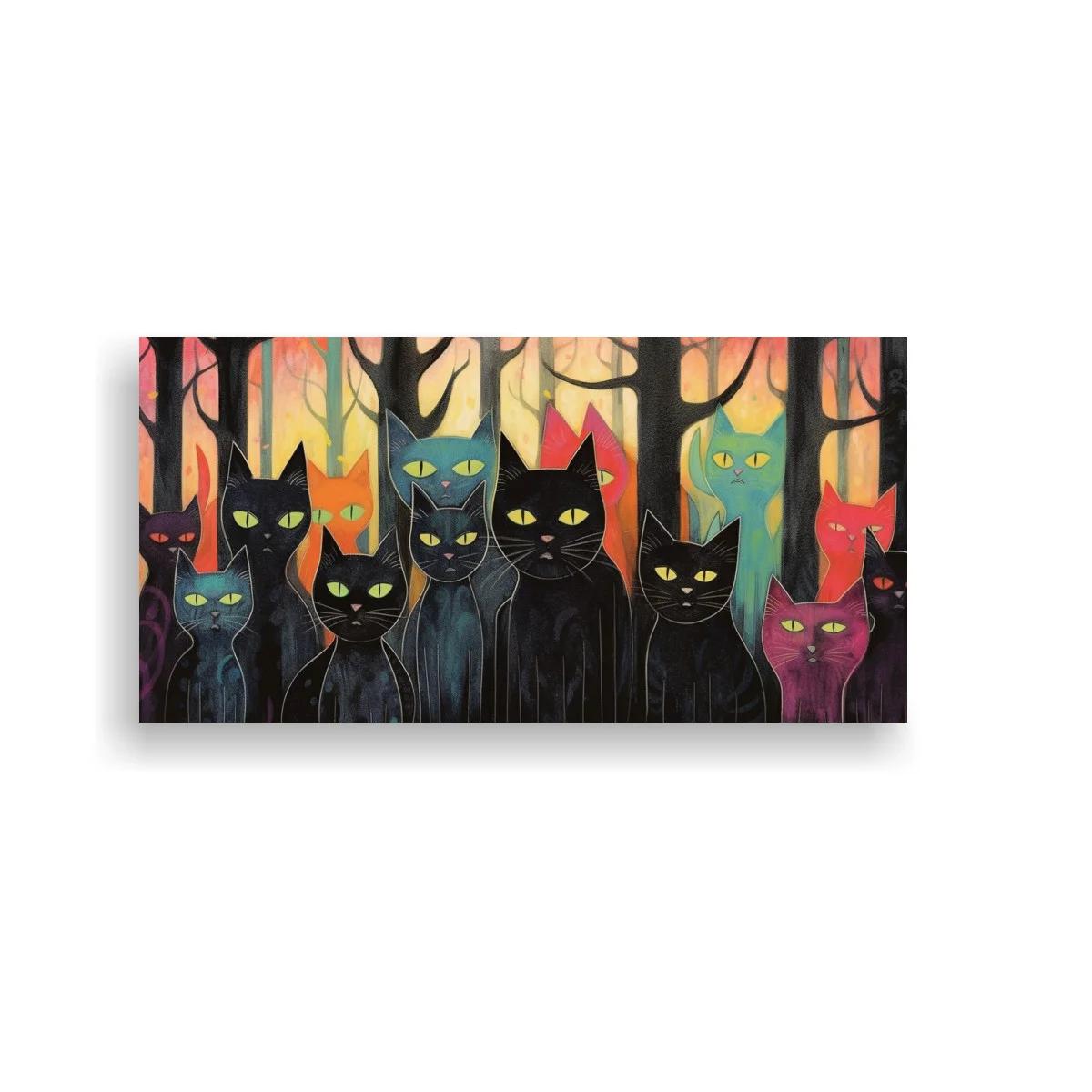 Cuadro grupo de gatos negros entre árboles de colores