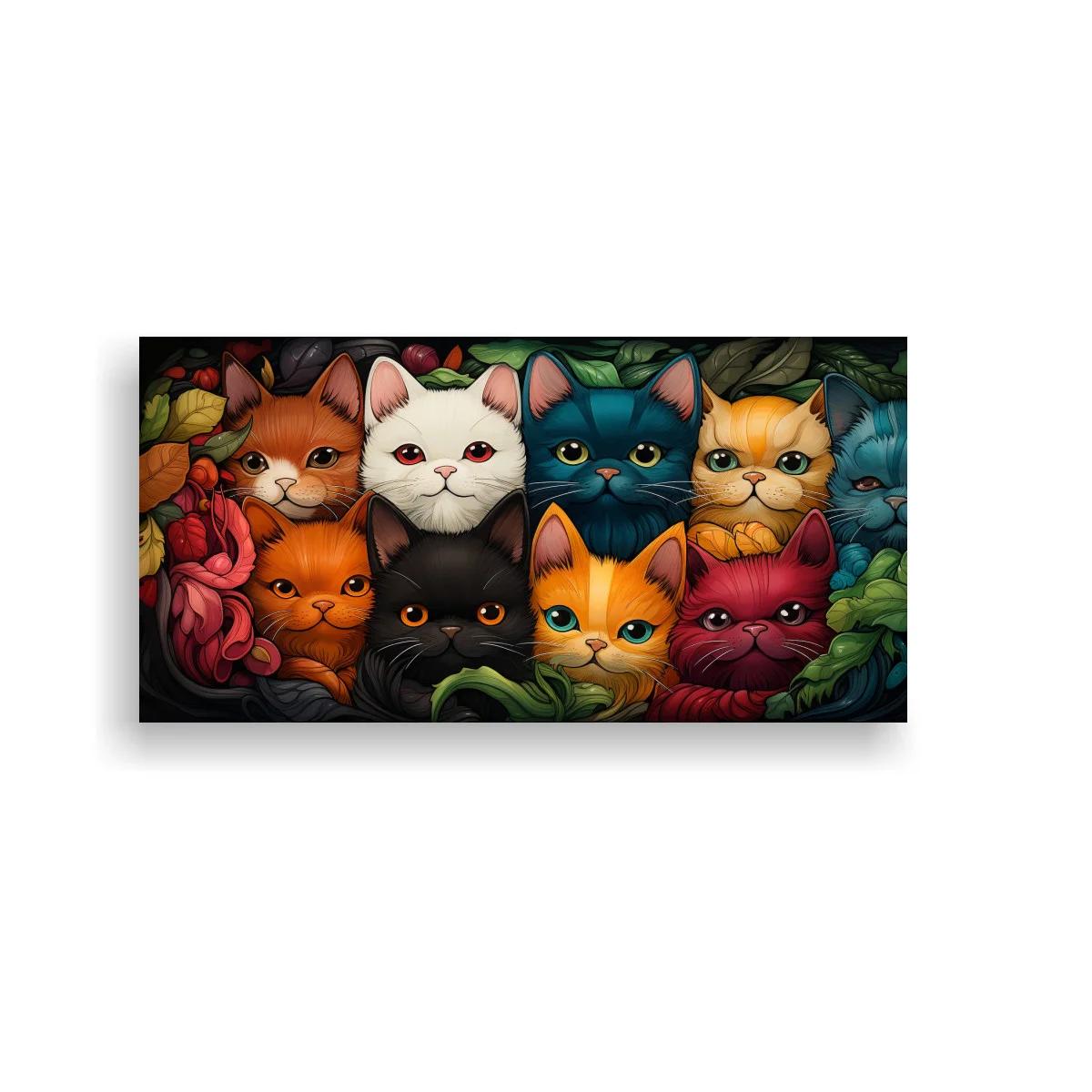 Cuadro grupo de gatos de colores enmarcados por flores y hojas
