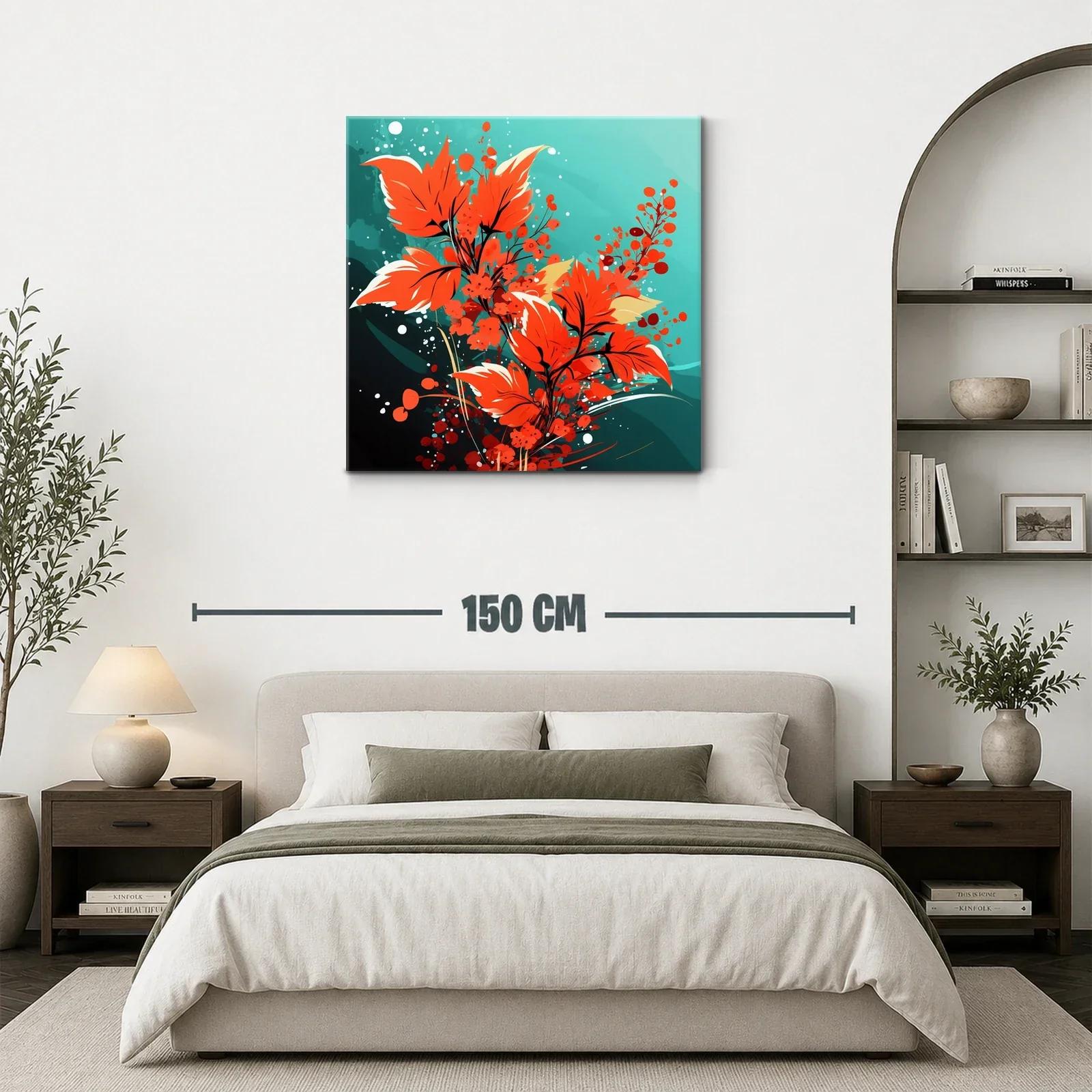 Cuadro moderno con hojas y flores en tonos rojos vibrantes — miniatura 3