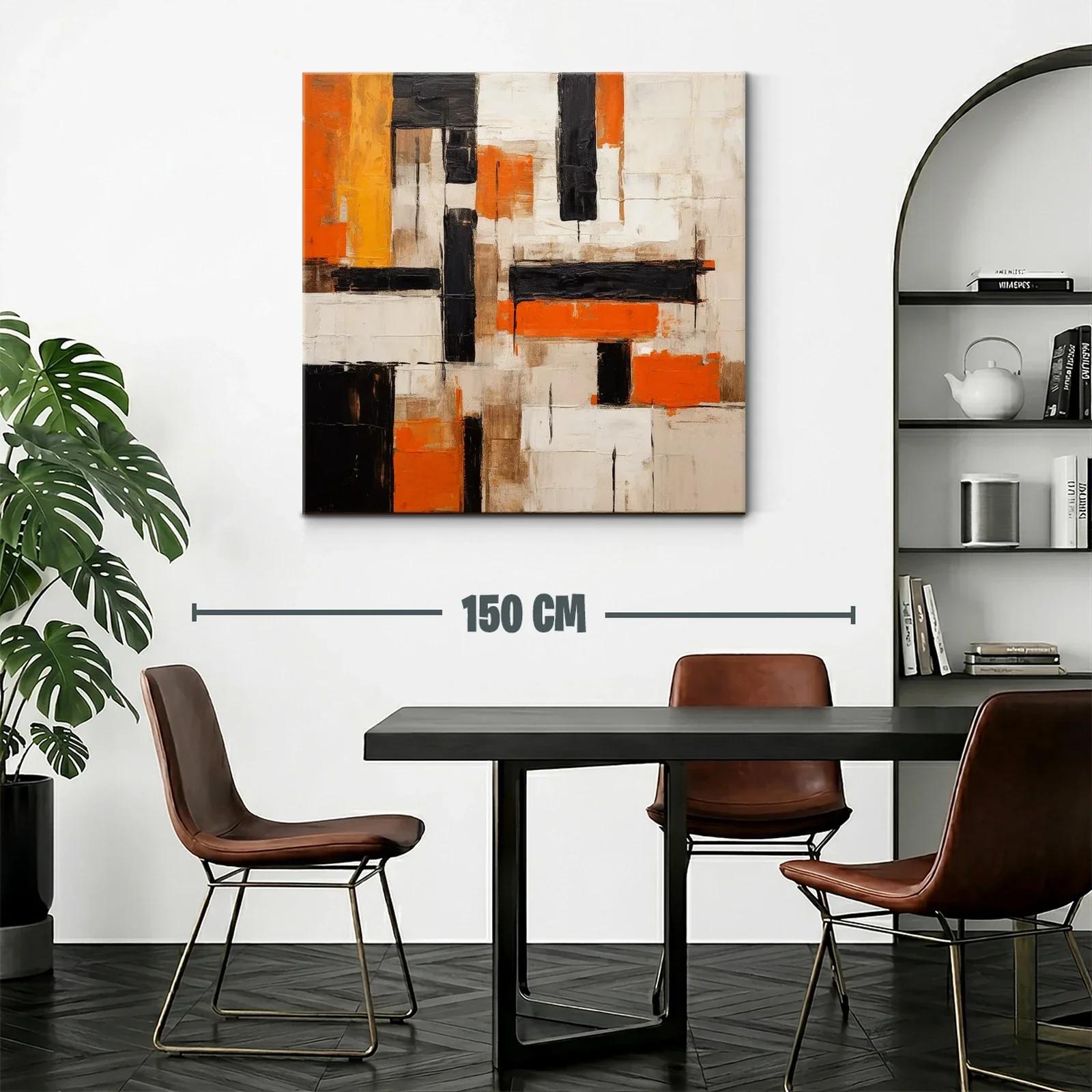 Cuadro abstracto con bloques en naranja negro y beige — miniatura 2