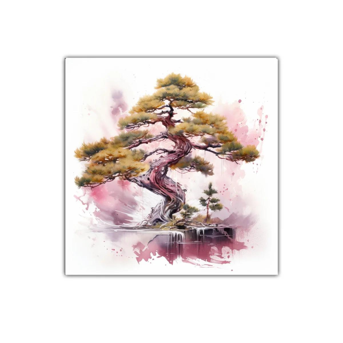 Árbol bonsái con tonalidades cálidas y fondo acuarelado rosa — miniatura 1