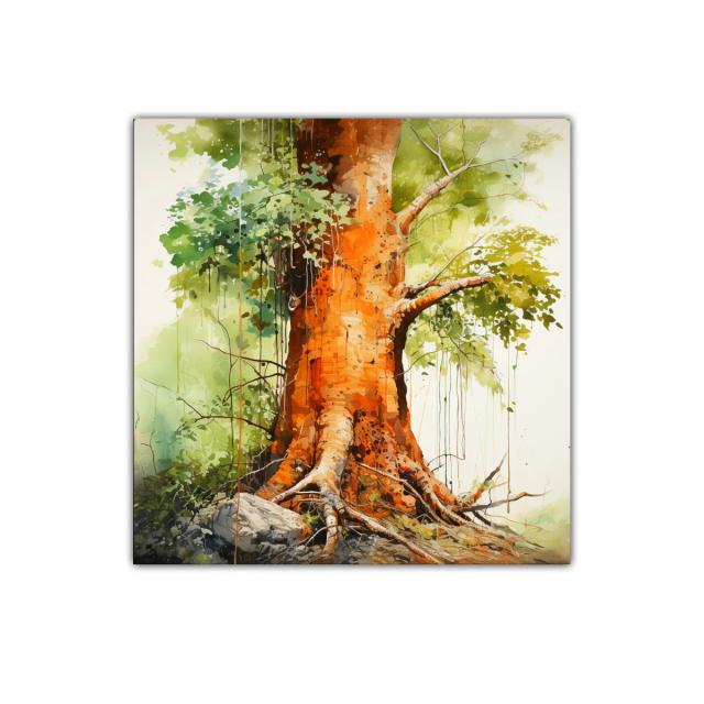 Raíces y tronco de árbol con tonos cálidos y verdes vivos