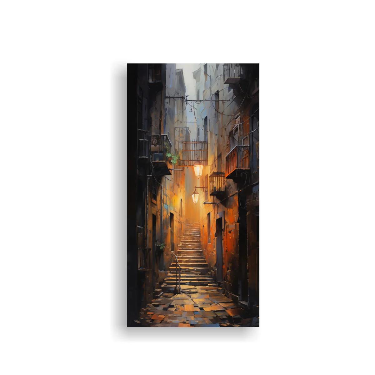 Cuadro callejón urbano con escaleras y farol cálido