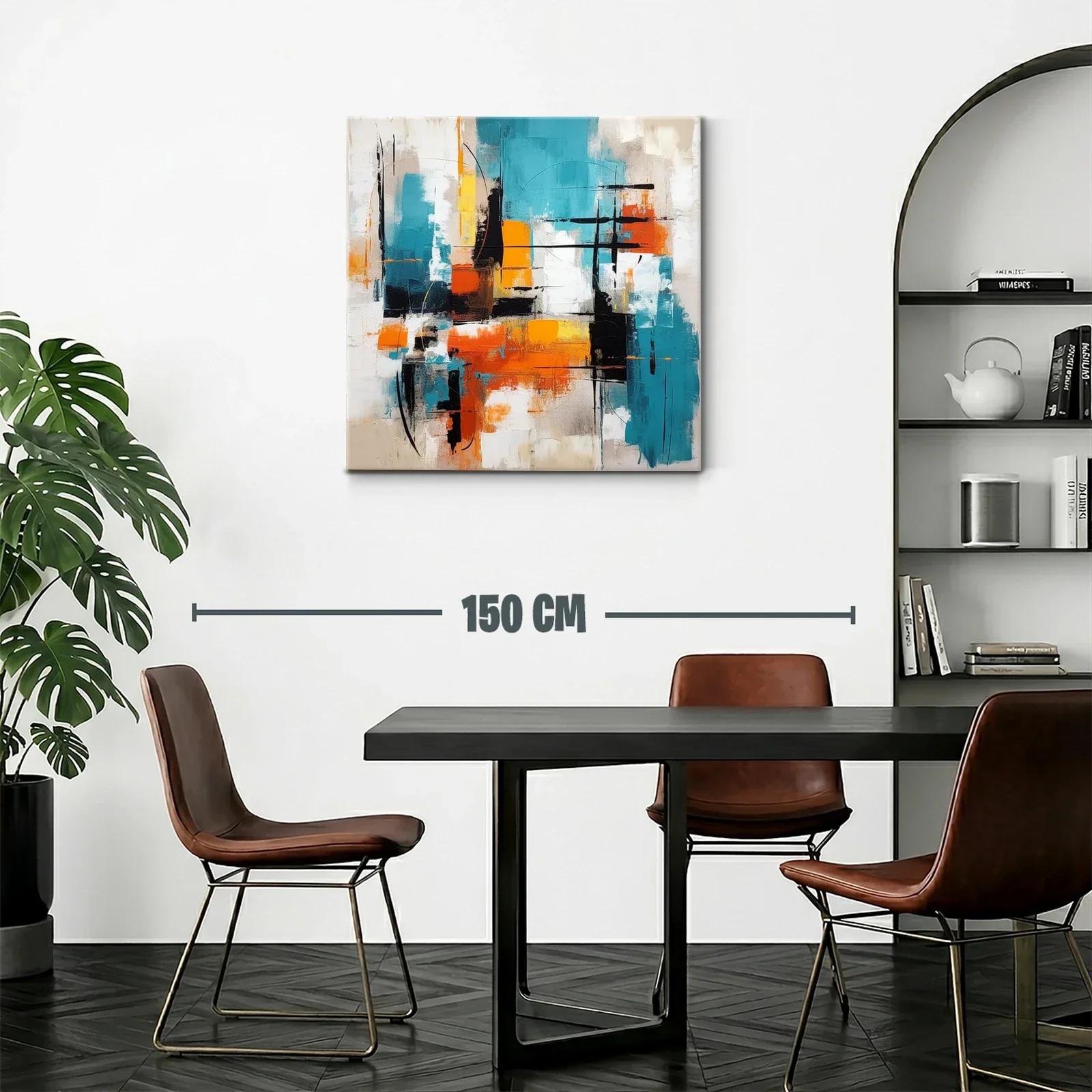 Cuadro abstracto vibrante con tonos turquesa y naranja — miniatura 2