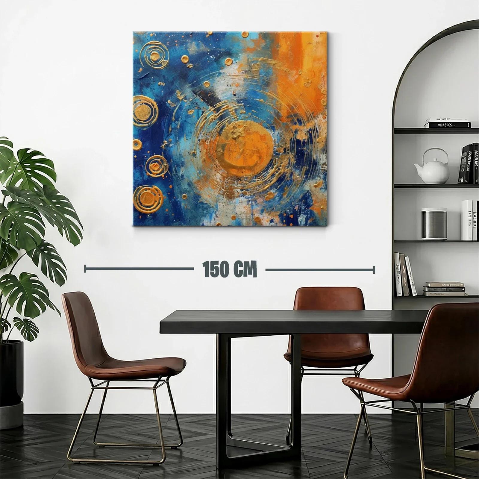 Cuadro abstracto con círculos dorados y contraste azul naranja — miniatura 2