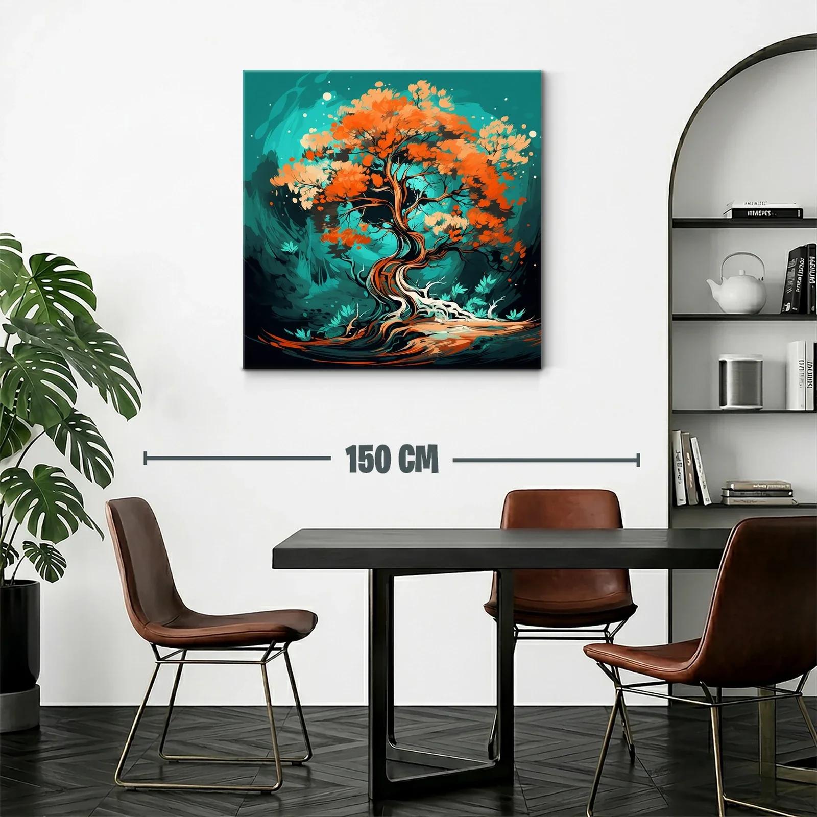 Árbol Abstracto con Hojas en Tonos Cálidos y Fondo Turquesa — miniatura 2