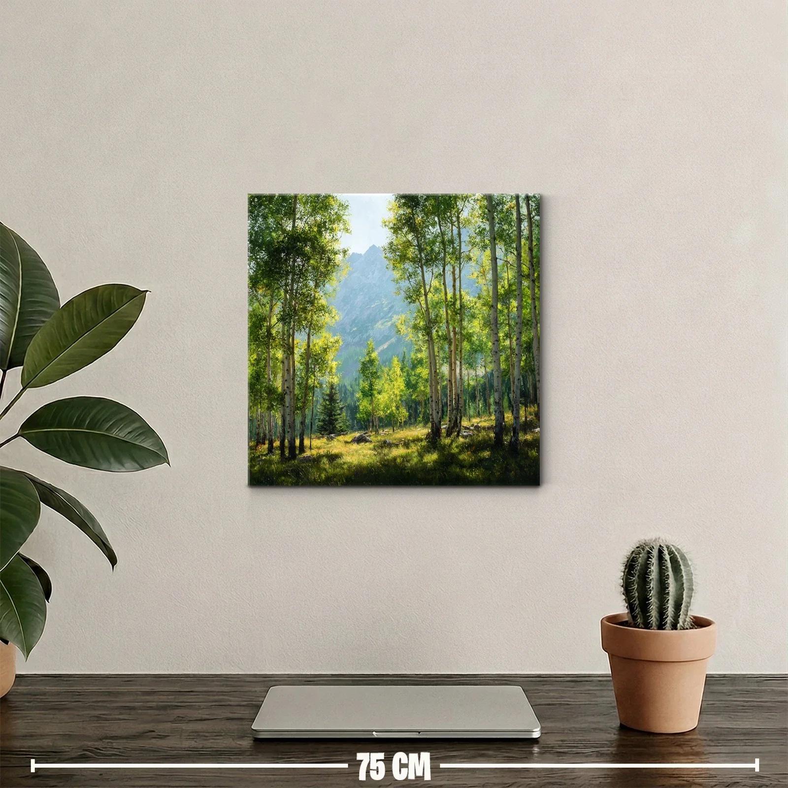 Bosque iluminado con montañas al fondo en tonos verdes y azules — miniatura 2