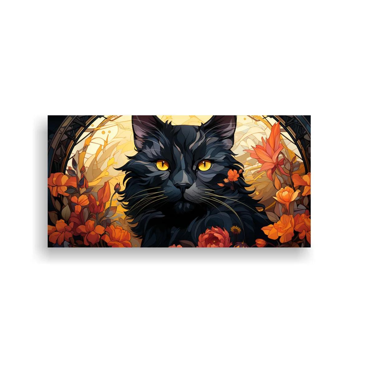 Cuadro gato negro de ojos ámbar con marco floral luminoso — imagen principal