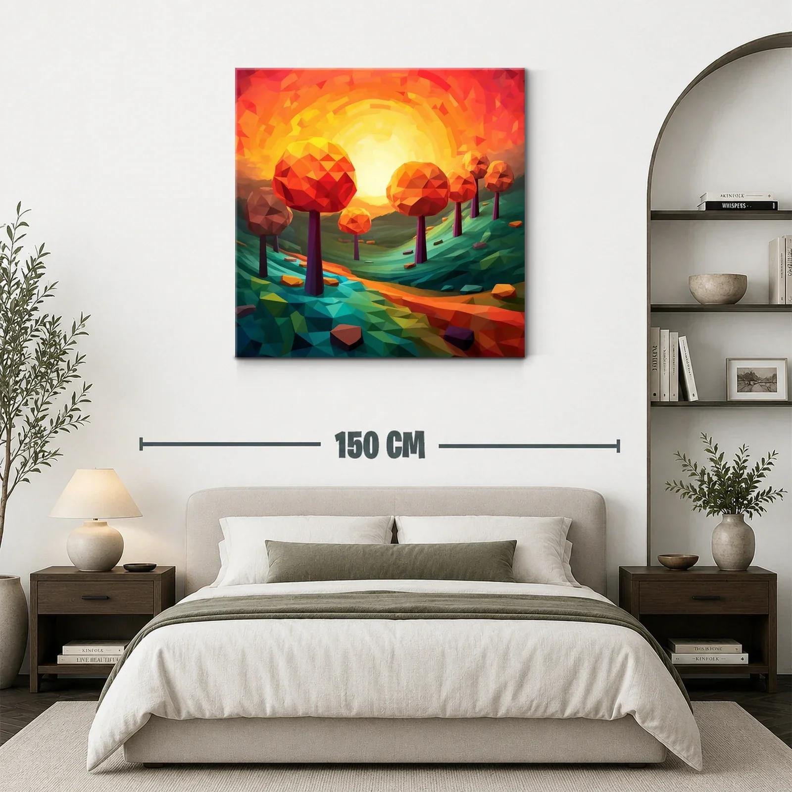 Paisaje geométrico con árboles naranjas al atardecer — miniatura 3