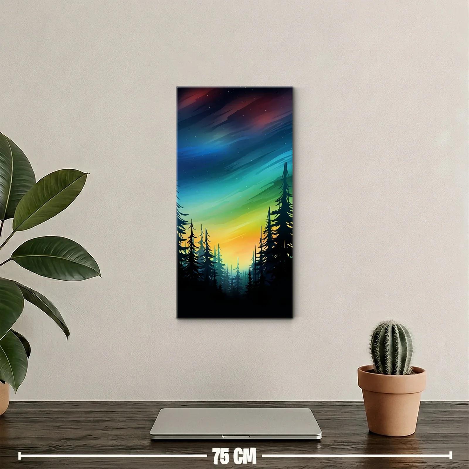 Cuadro bosque de pinos con cielo turquesa y tonos rosados — miniatura 2