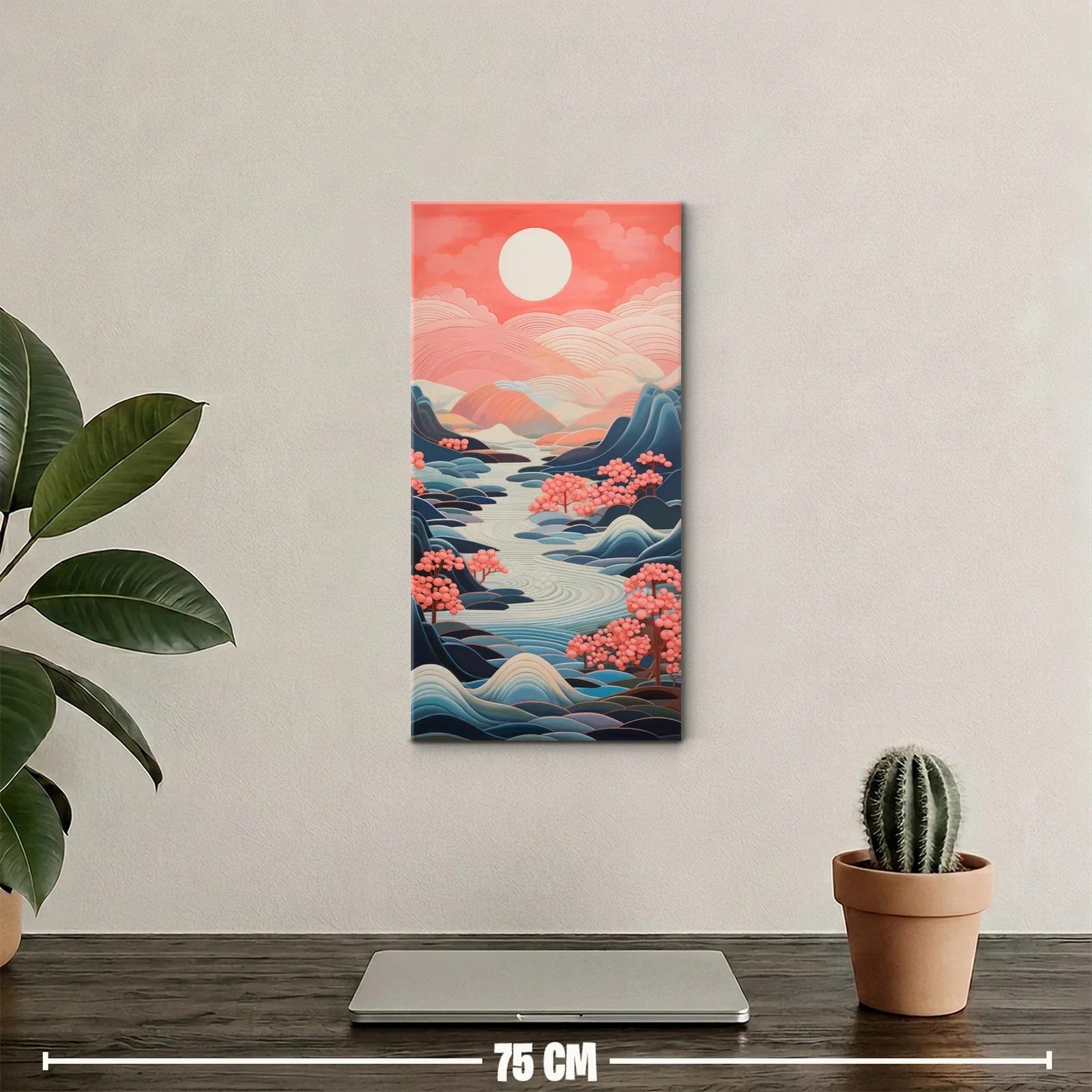 Cuadro paisaje con sol sobre montañas y cerezos en flor — miniatura 2