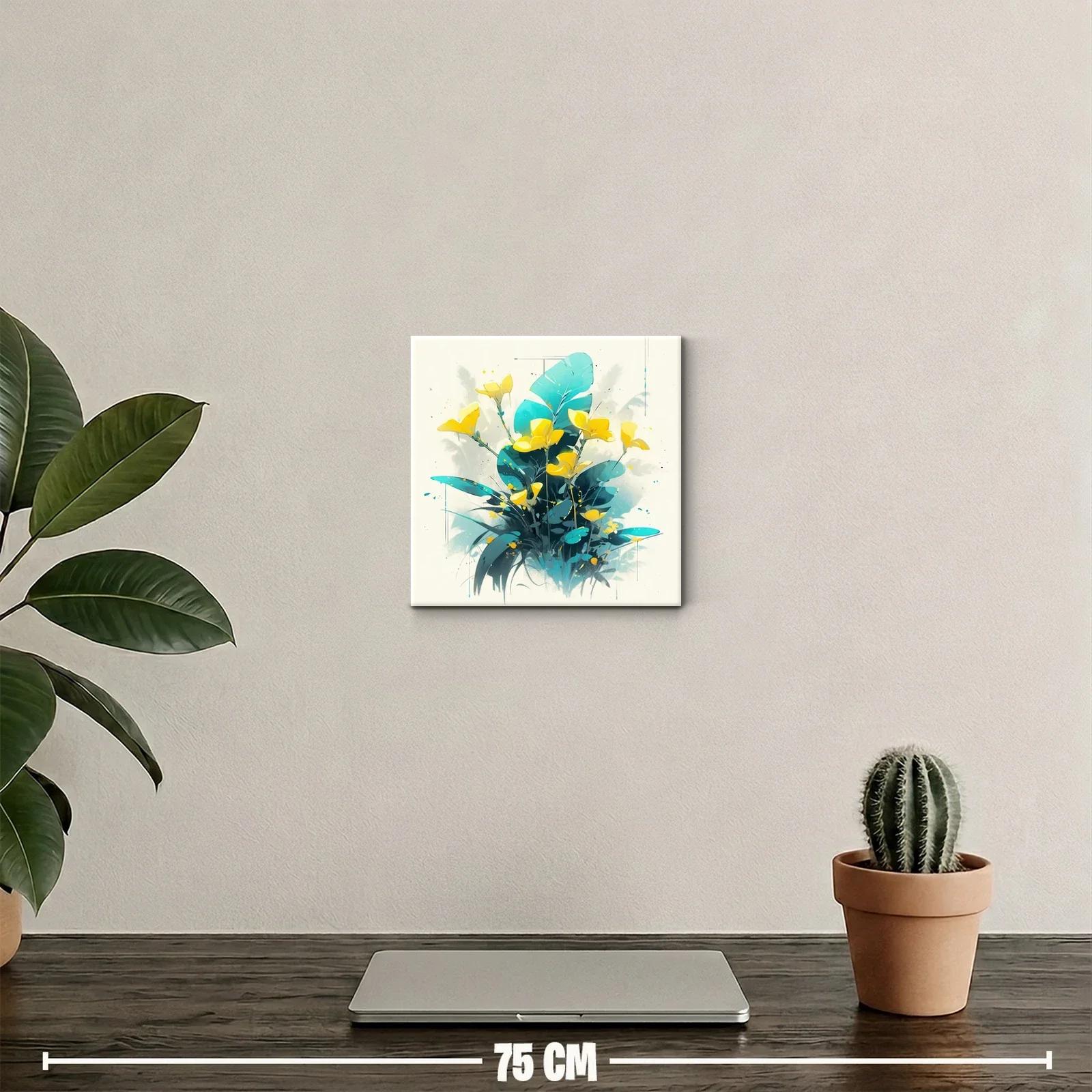 Cuadro floral con vibrantes flores amarillas y hojas turquesa — miniatura 2