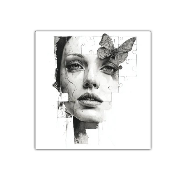 Retrato femenino con mariposa en diseño de rompecabezas