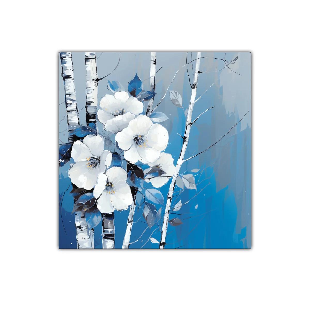 Cuadro decorativo con flores blancas y troncos de abedul — imagen principal