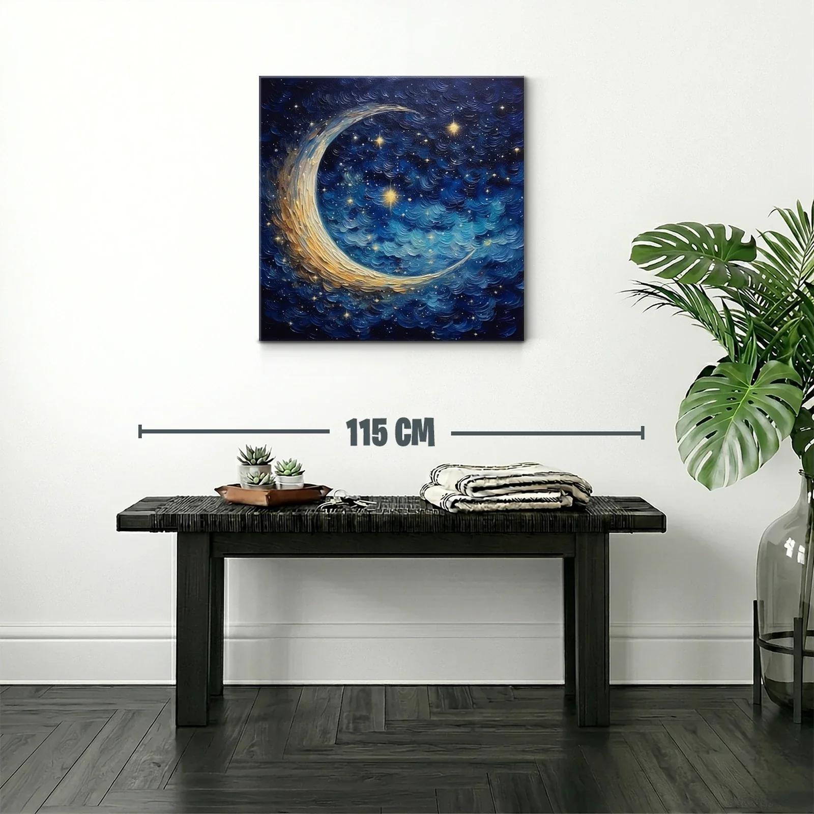 Cielo estrellado con luna creciente en tonos azul y dorado — miniatura 2