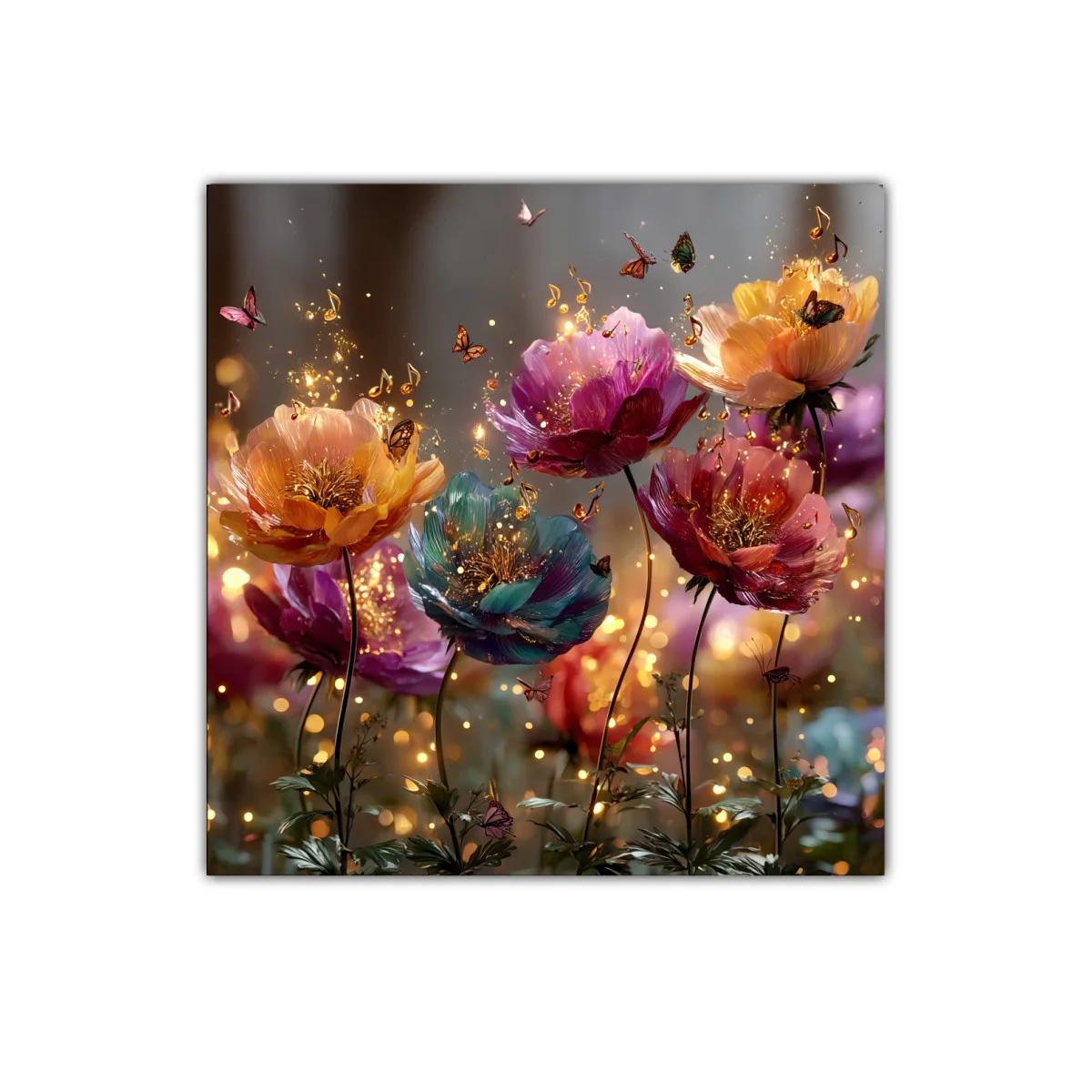 Flores vibrantes con destellos dorados y mariposas en vuelo — imagen principal