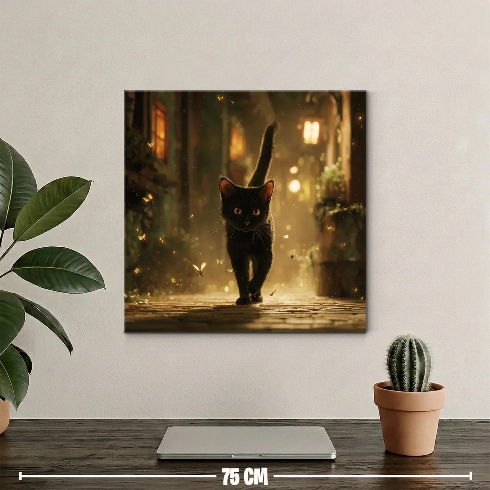 Gato negro caminando entre luces cálidas y polvo dorado — miniatura 2