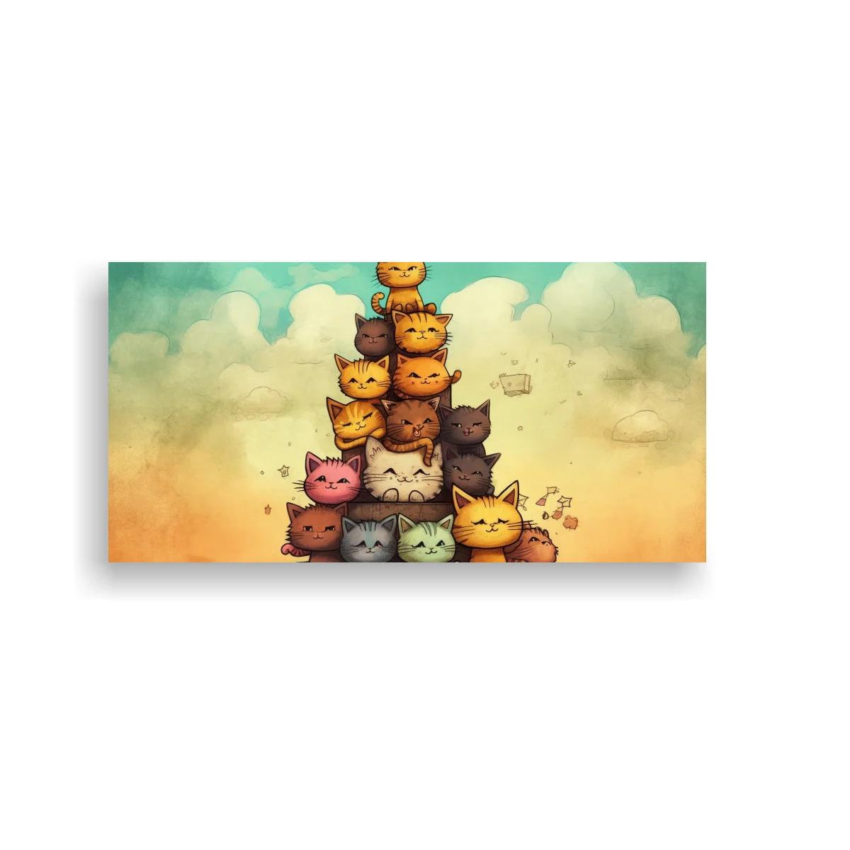 Cuadro torre de gatos con peces flotantes