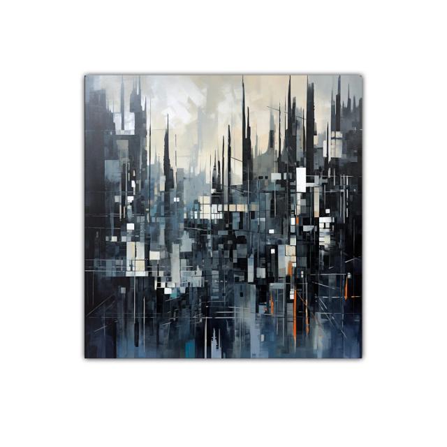 Composición abstracta urbana en tonos fríos y toques cálidos