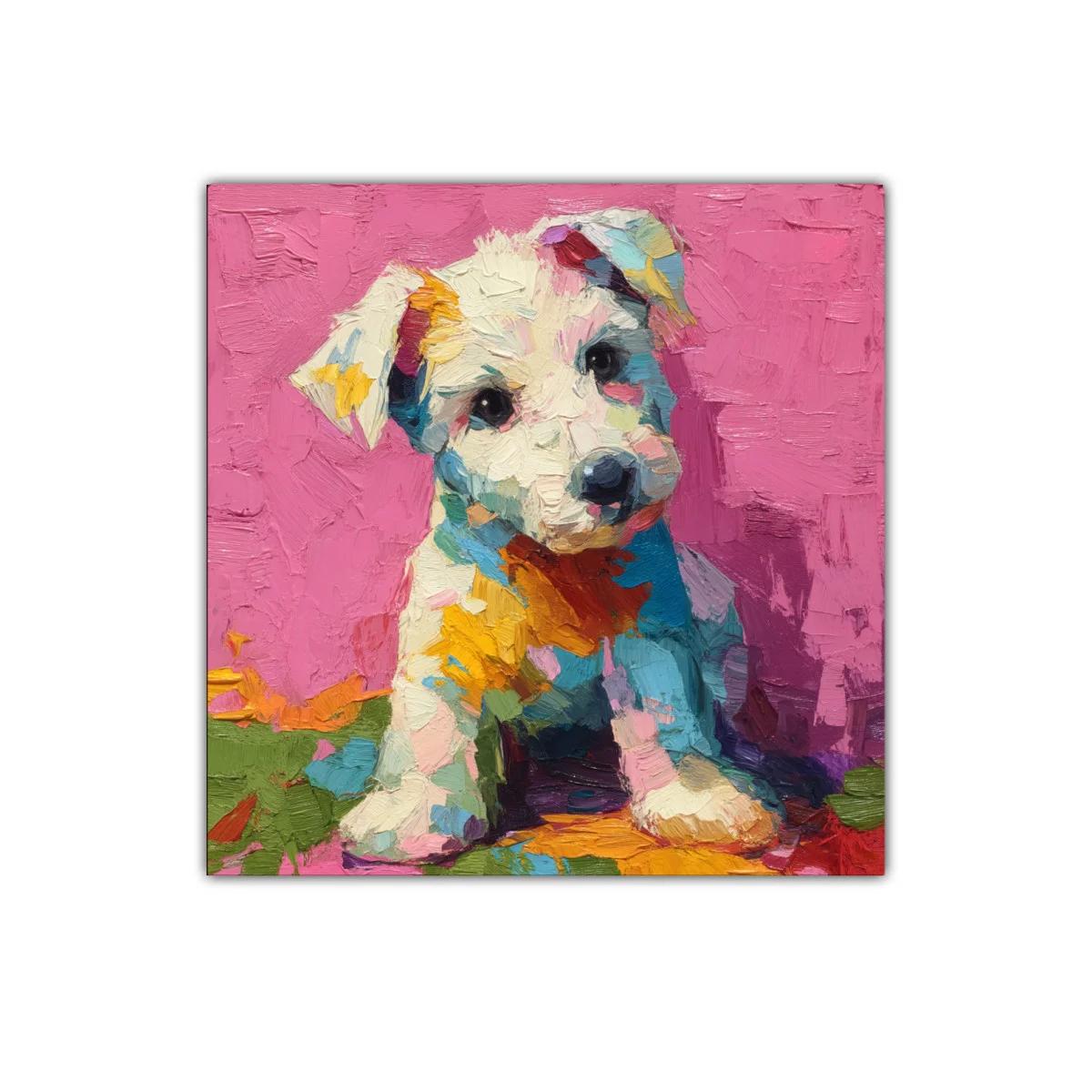 Perro en colores vibrantes con fondo rosa intenso