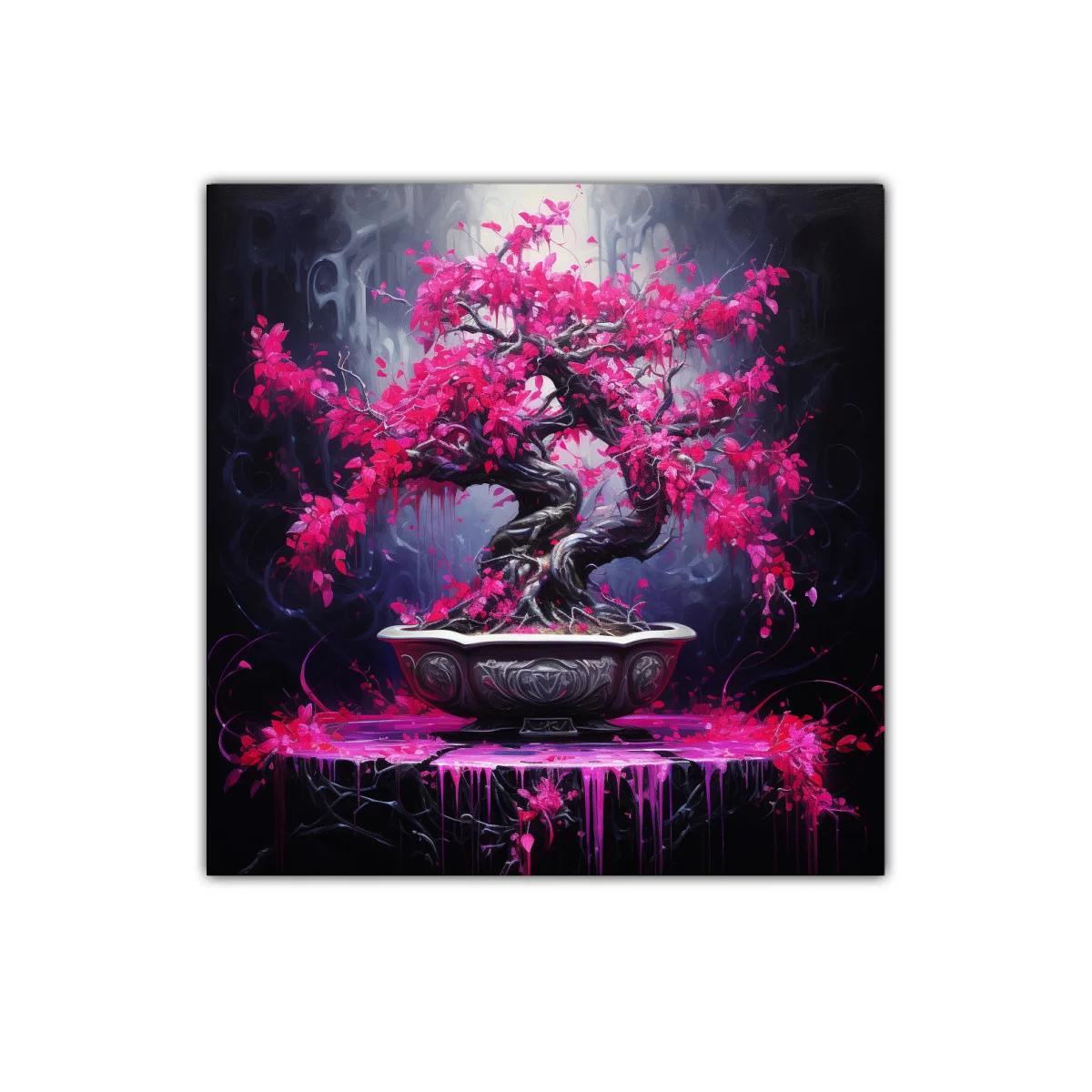 Bonsái vibrante con hojas fucsias en contraste oscuro — imagen principal