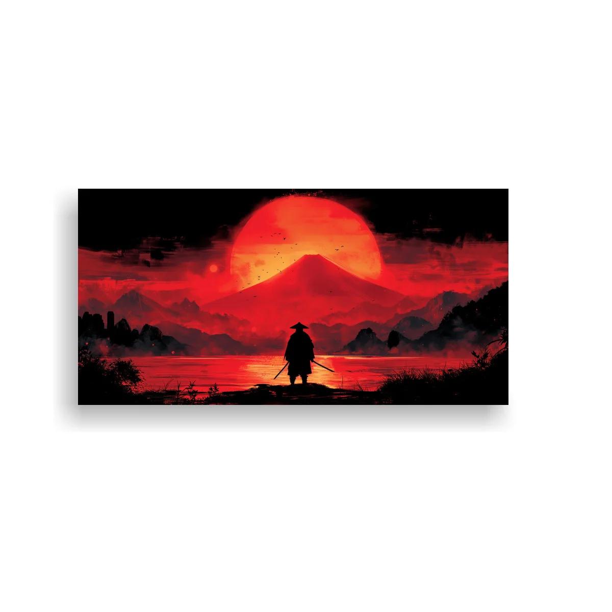 Cuadro samurái al atardecer con gran sol rojo