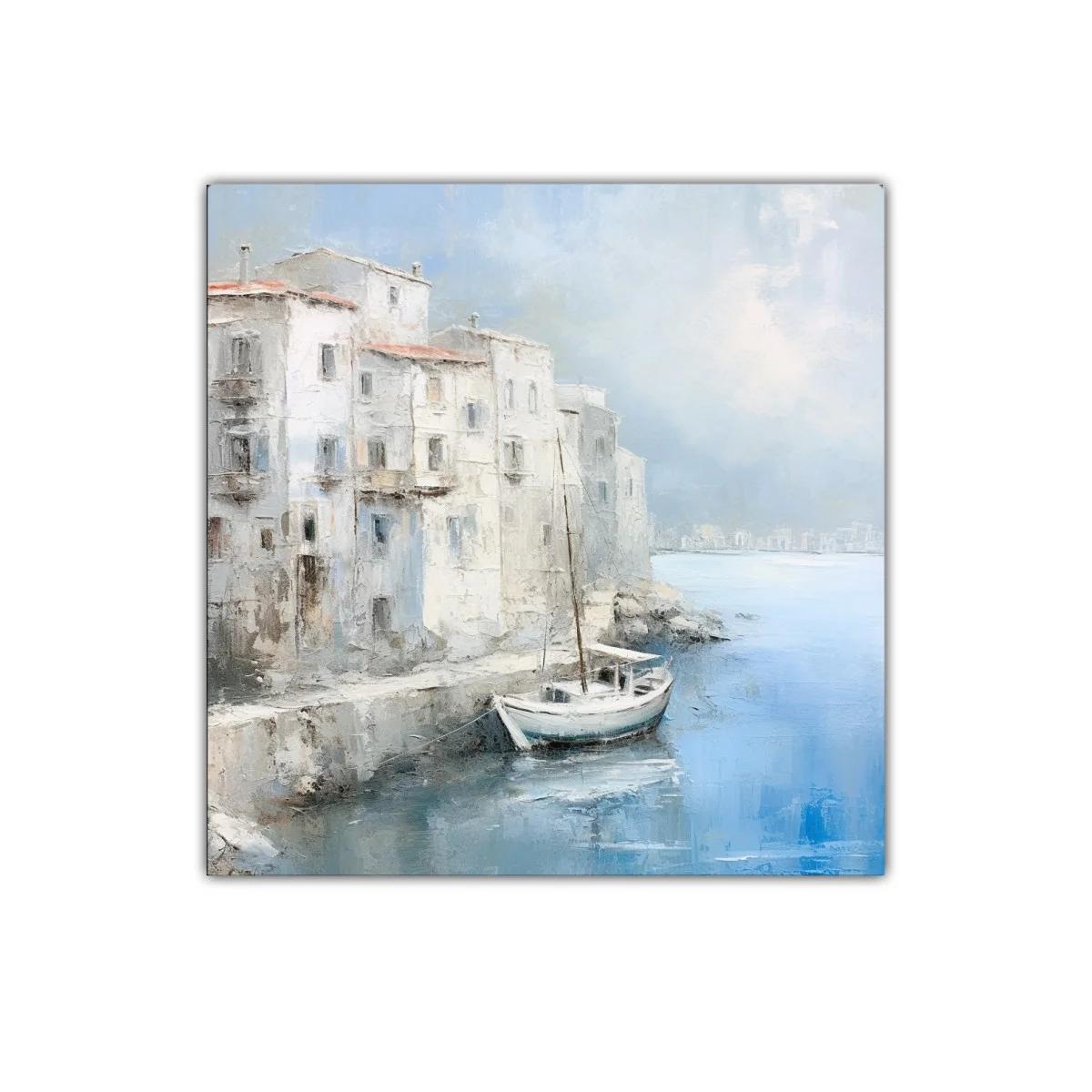 Paisaje costero sereno con barco y edificaciones antiguas — imagen principal