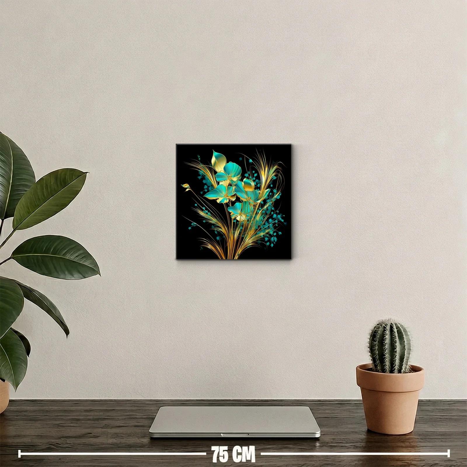 Flores doradas y turquesas sobre fondo oscuro elegante — miniatura 2
