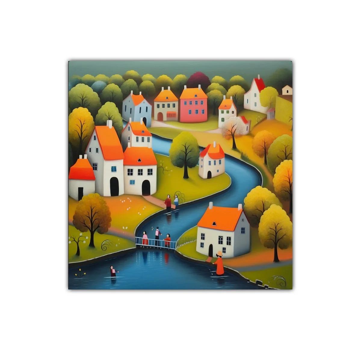 Paisaje de pueblo junto al río con casas y árboles coloridos — imagen principal