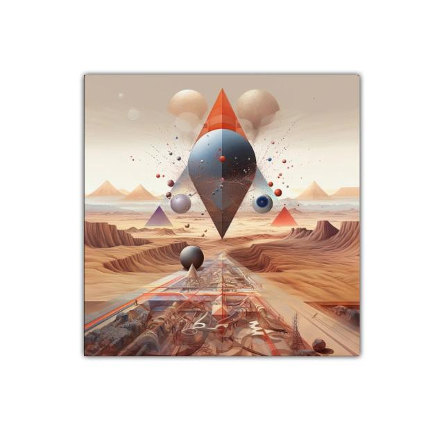 Geometría cósmica con tonos cálidos y formas flotantes