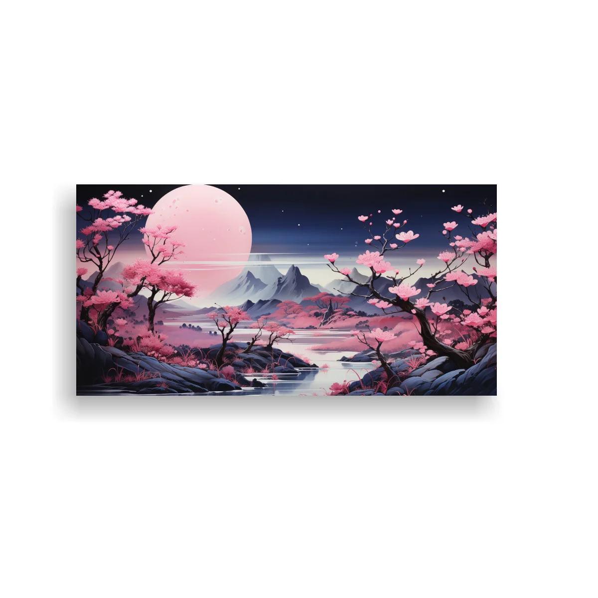 Cuadro paisaje con cerezos en flor y gran luna clara — imagen principal