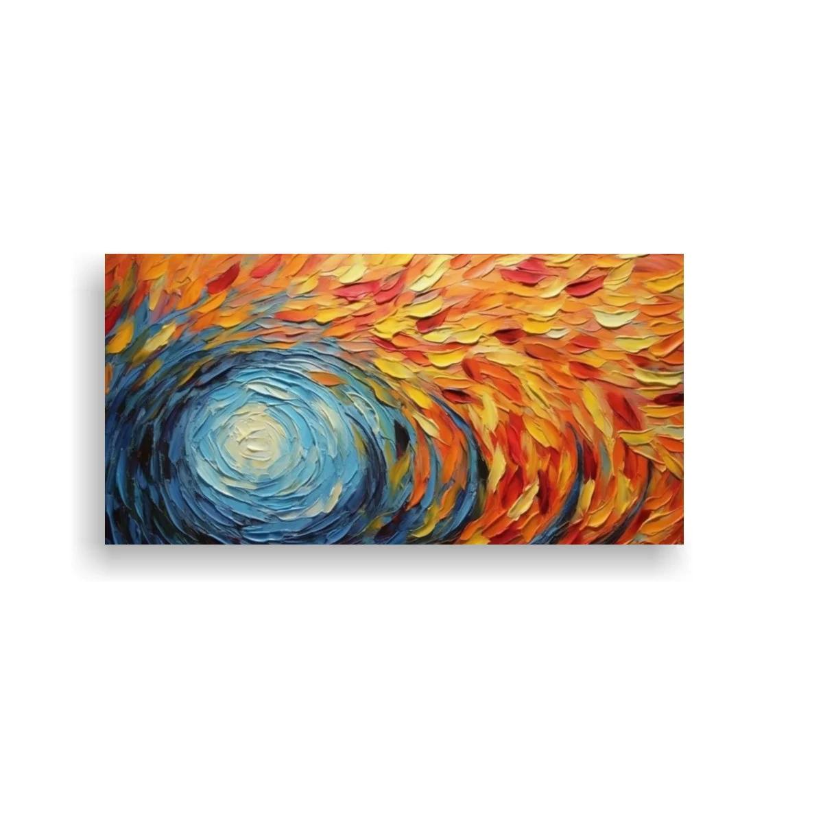 Cuadro remolino azul con formas cálidas en espiral