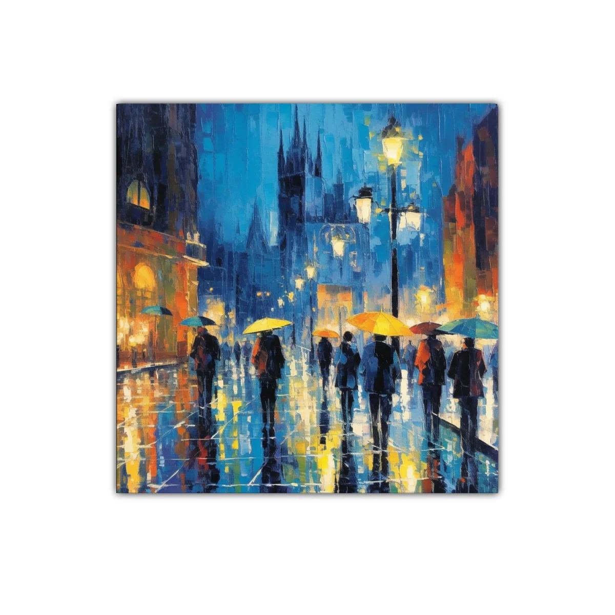 Calle lluviosa iluminada con paraguas coloridos — miniatura 1