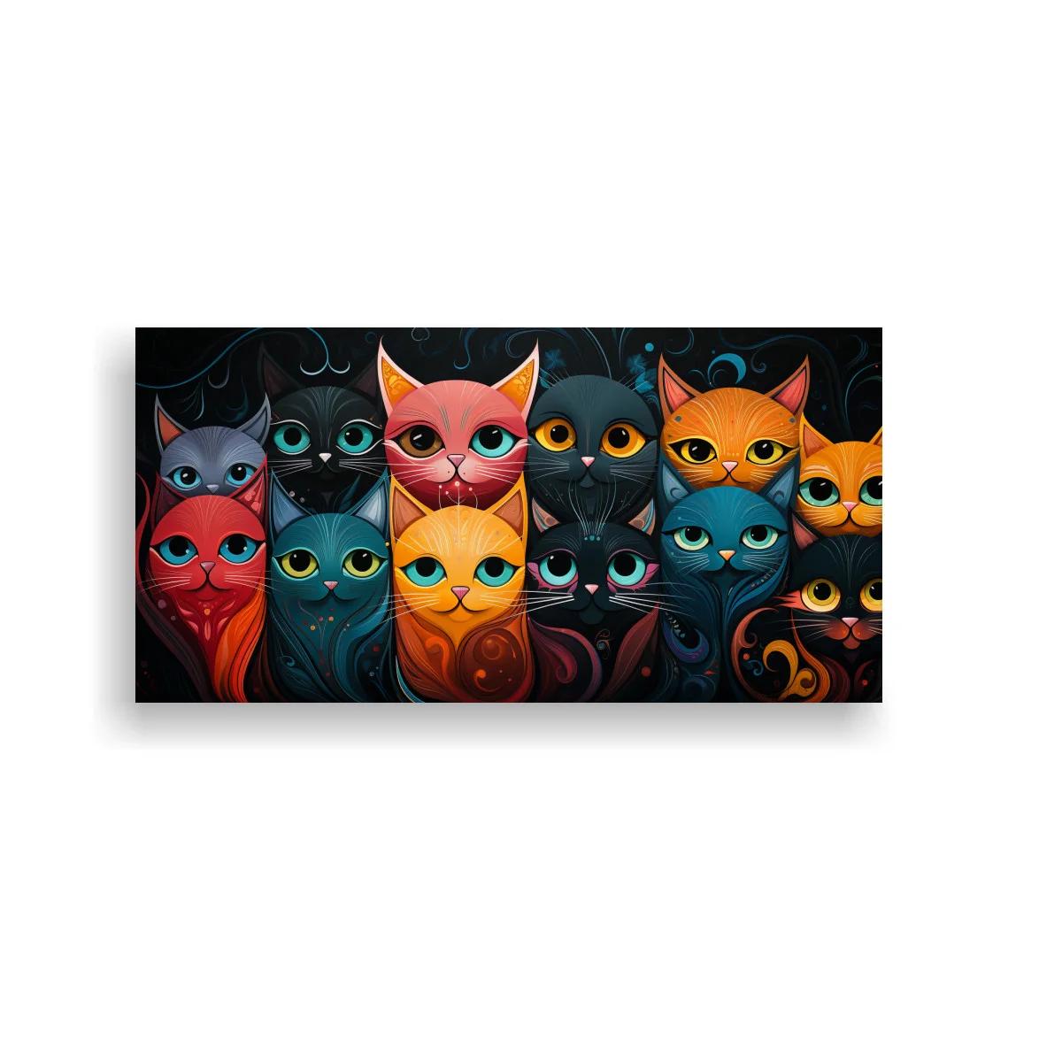Cuadro grupo de gatos de ojos grandes con líneas curvas decorativas