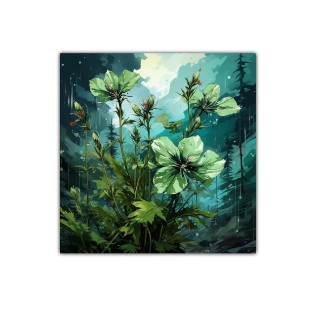 Flores verdes en fondo azul con atmósfera mística
