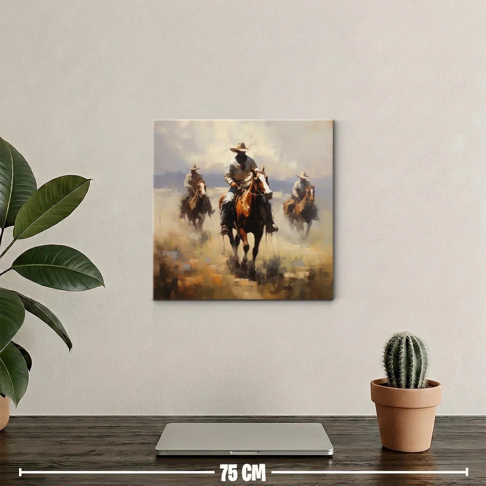 Vaqueros al galope en paisaje polvoriento y cálido — miniatura 2
