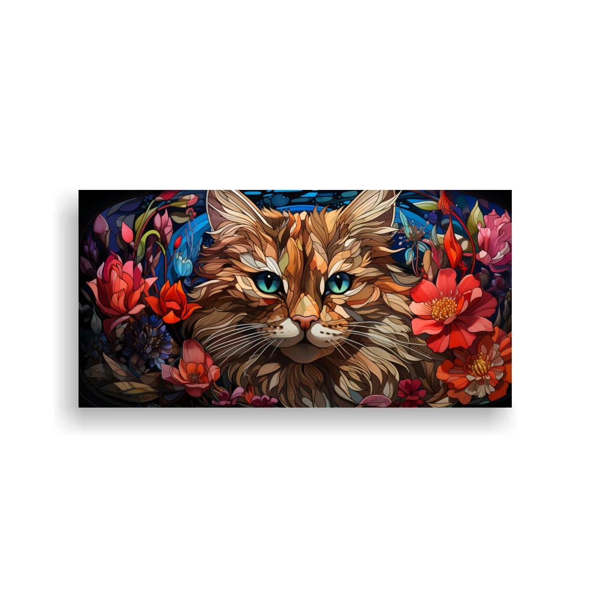 Cuadro gato atigrado de pelo largo con flores abiertas