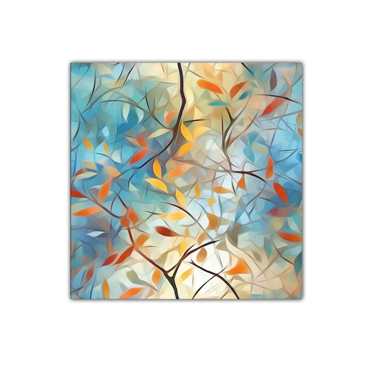 Cuadro abstracto con ramas y hojas en tonos cálidos y azules — imagen principal
