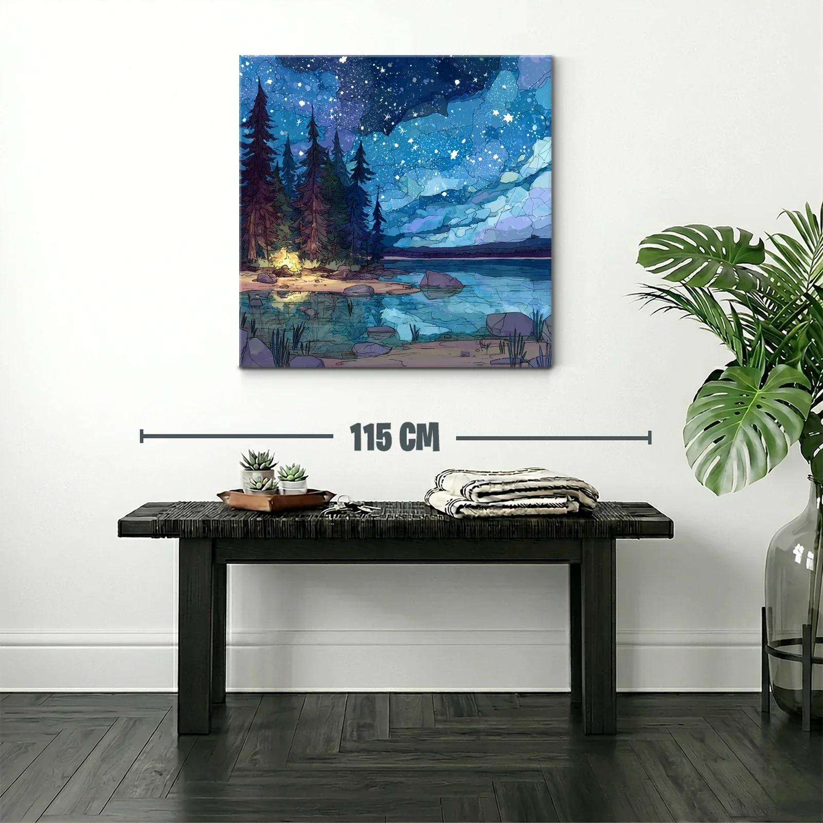 Paisaje nocturno estrellado con lago y bosque encantado — miniatura 2